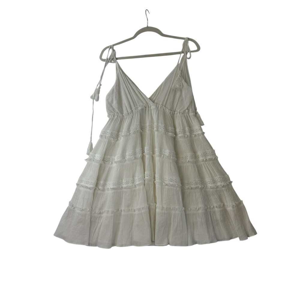 Lush Cottagecore White Boho Tiered Crochet Lace Mini Dress Tassel Straps Gauze L - Picture 7 of 9